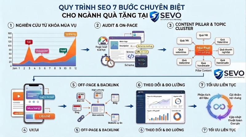 Quy trình 7 bước chuyên biệt cho dịch vụ SEO quà tặng tại SEVO