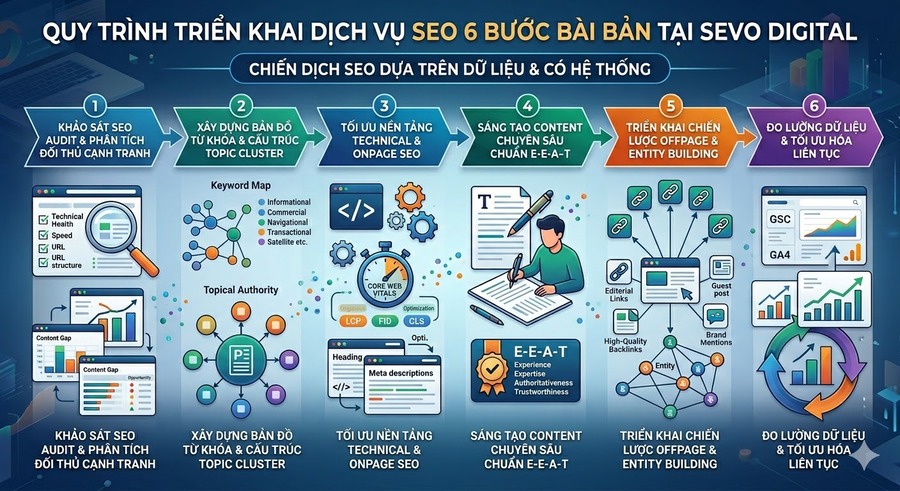 Quy trình SEO 6 bước từ chiến lược đến thực thi tại SEVO Digital