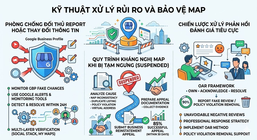 Kỹ thuật xử lý rủi ro trong dịch vụ SEO Google Maps giúp bảo vệ Map an toàn, bền vững.