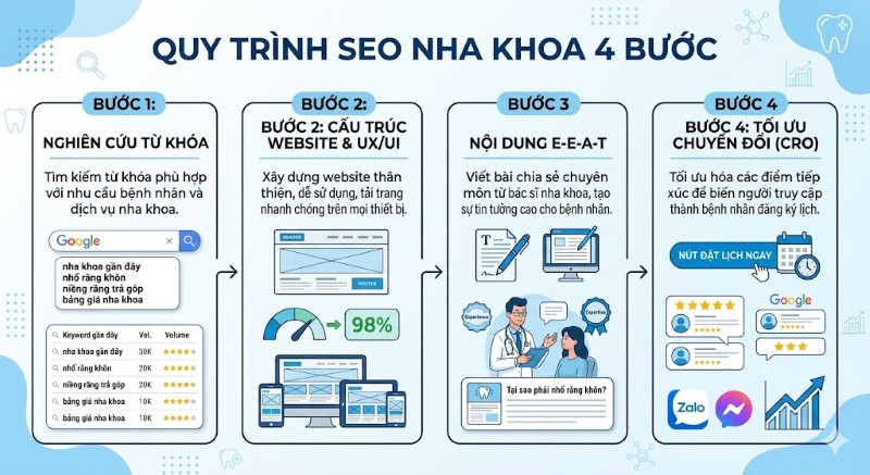 Quy trình 4 bước SEO nha khoa hiệu quả tại SEVO Digital