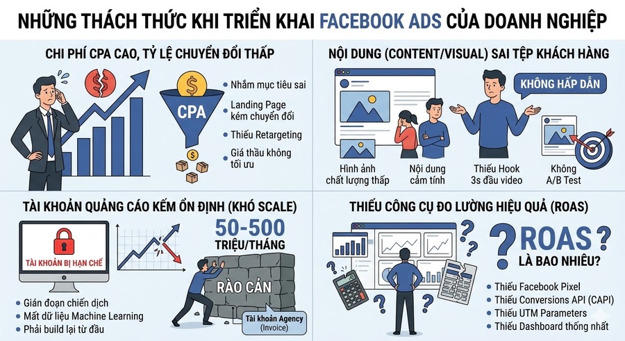 Những thách thức doanh nghiệp thường gặp khi triển khai dịch vụ Facebook Ads hiệu quả và bền vững Những thách thức doanh nghiệp thường gặp khi triển khai dịch vụ Facebook Ads hiệu quả và bền vững