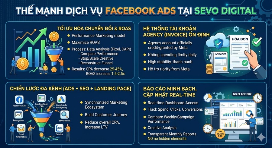 Thế mạnh nổi bật của dịch vụ Facebook Ads tại SEVO Digital Thế mạnh nổi bật của dịch vụ Facebook Ads tại SEVO Digital