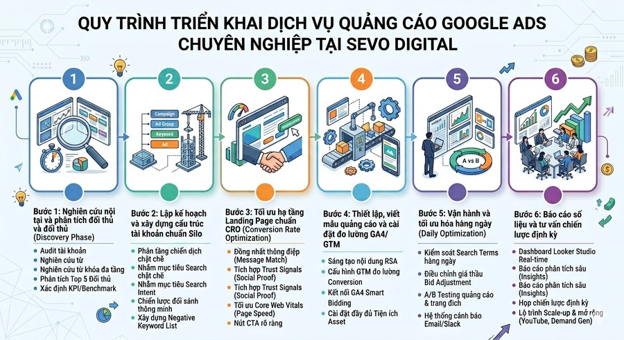 Quy trình triển khai dịch vụ quảng cáo Google Ads chuyên nghiệp tại SEVO Digital Quy trình triển khai dịch vụ quảng cáo Google Ads chuyên nghiệp tại SEVO Digital