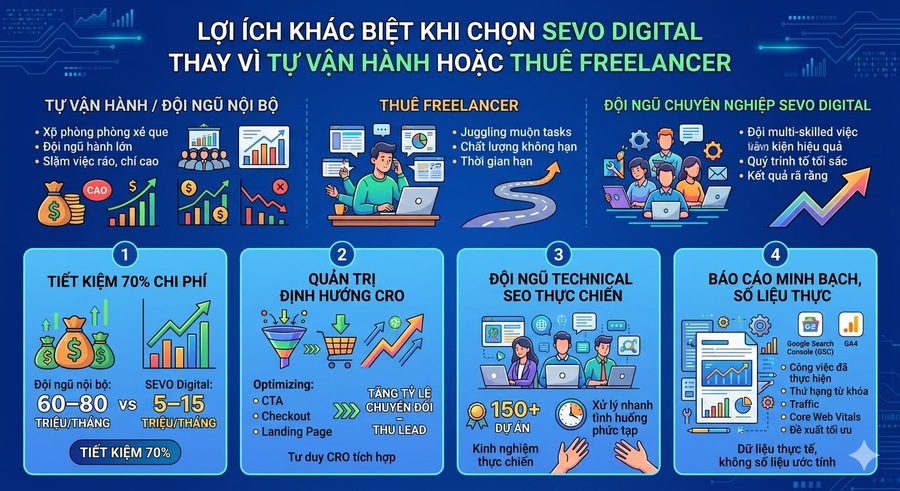 Lợi ích khác biệt của quản trị website tại SEVO Digital so với tự vận hành hoặc thuê freelancer