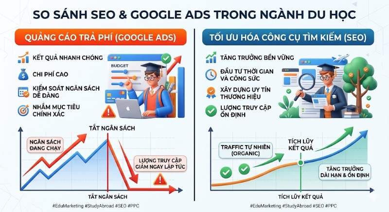 Dịch vụ SEO website du học tiết kiệm chi phí Marketing dài hạn so với Google Ads