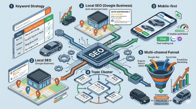 sơ đồ chuyên nghiệp về top 5 kỹ thuật then chốt để SEO ngành ô tô