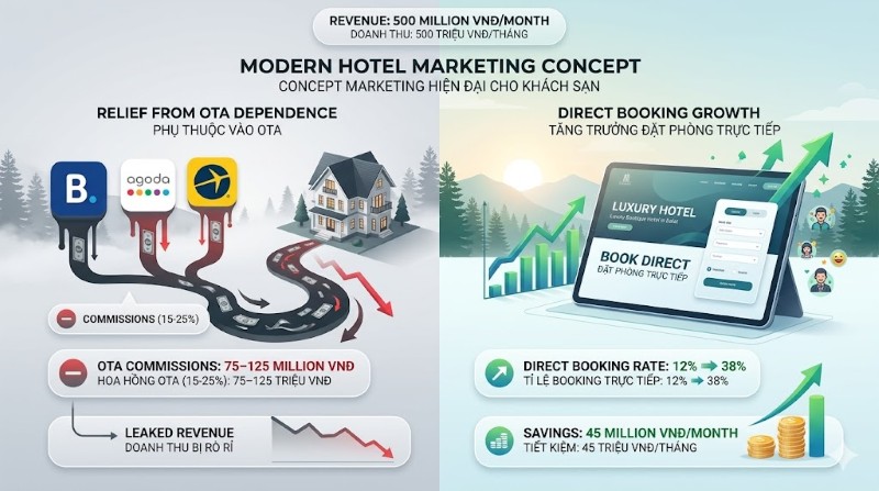 Thiết kế website khách sạn hỗ trợ khách sạn thoát khỏi sự phụ thuộc vào OTA (Booking, Agoda, Expedia)