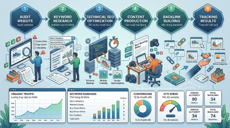Quy trình 6 bước triển khai SEO bán giày dép thực chiến tại SEVO
