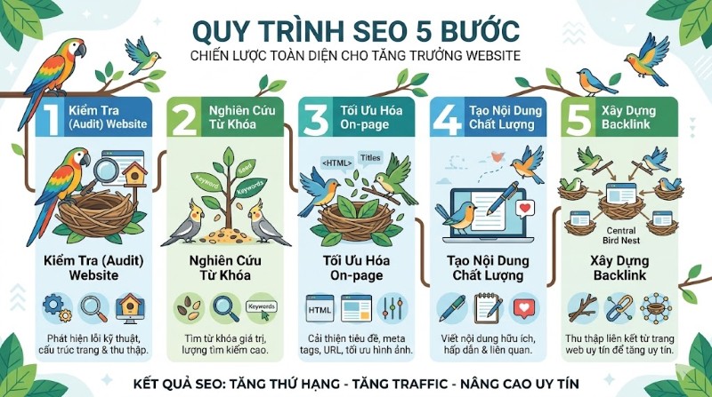 Quy trình 5 bước triển khai dịch vụ SEO chim cảnh tại SEVO