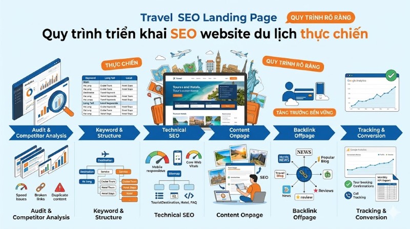 Quy trình 6 bước phát triển dịch vụ SEO website du lịch tại SEVO