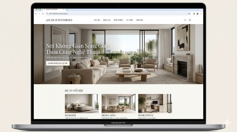 Giao diện website nội thất cao cấp thiết kế bởi SEVO Digital với gam màu trung tính và full-width portfolio